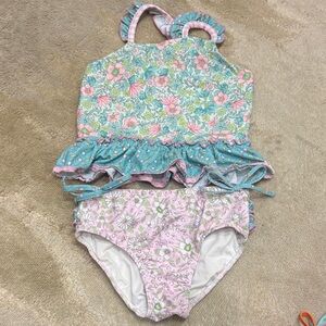 Cheeky Plum- Girls' Floral Ruffle Tankini Swimsuit - Pink & Teal